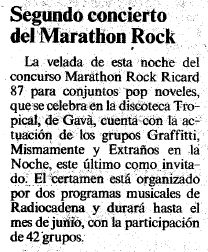 Noticia sobre el segundo concierto del Marathon Rock celebrado en la Discoteca Tropical de Gav� Mar publicada en el diario LA VANGUARDIA (1 de Enero de 1987)